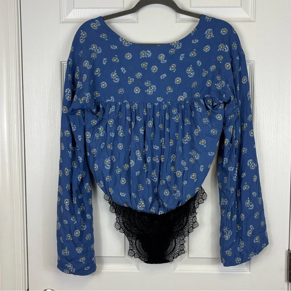 NWT Free People Intimates Forties feel blue daisy bodysuit sz xs